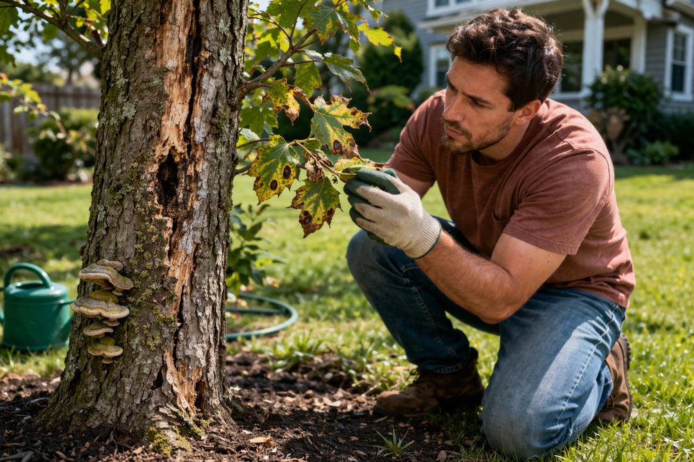 Homeowner kneeling to inspect the base and roots of a tree in a Metro Atlanta yard