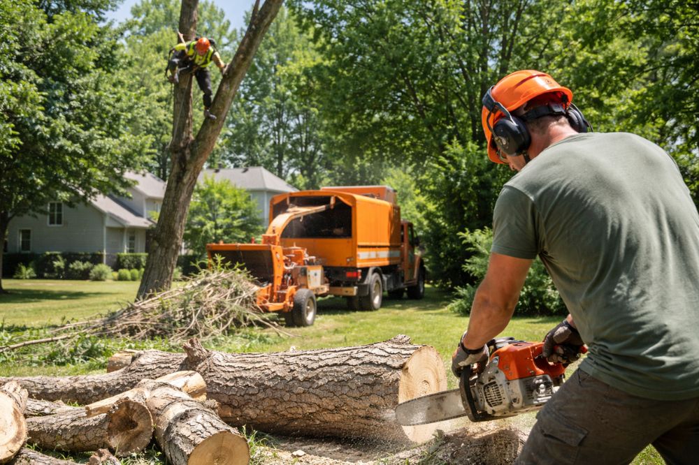 Tree service crew removing a tree in a Metro Atlanta yard