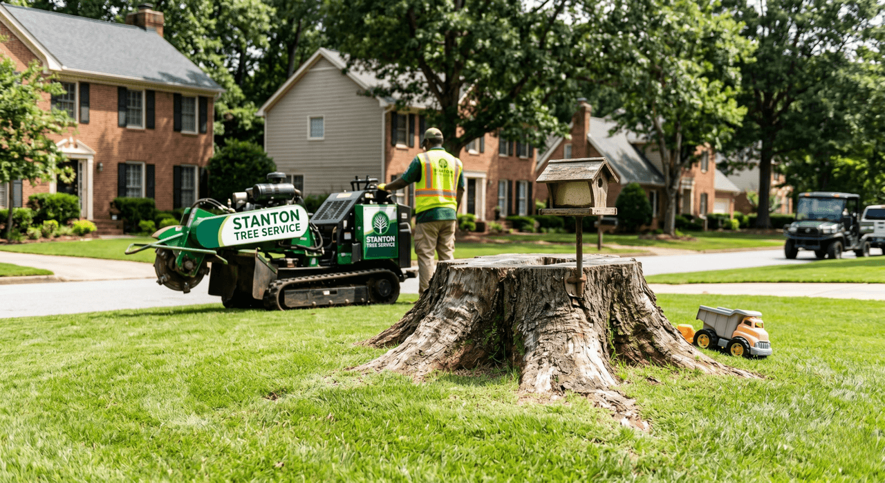 Stump grinding removal equipment in an Atlanta yard