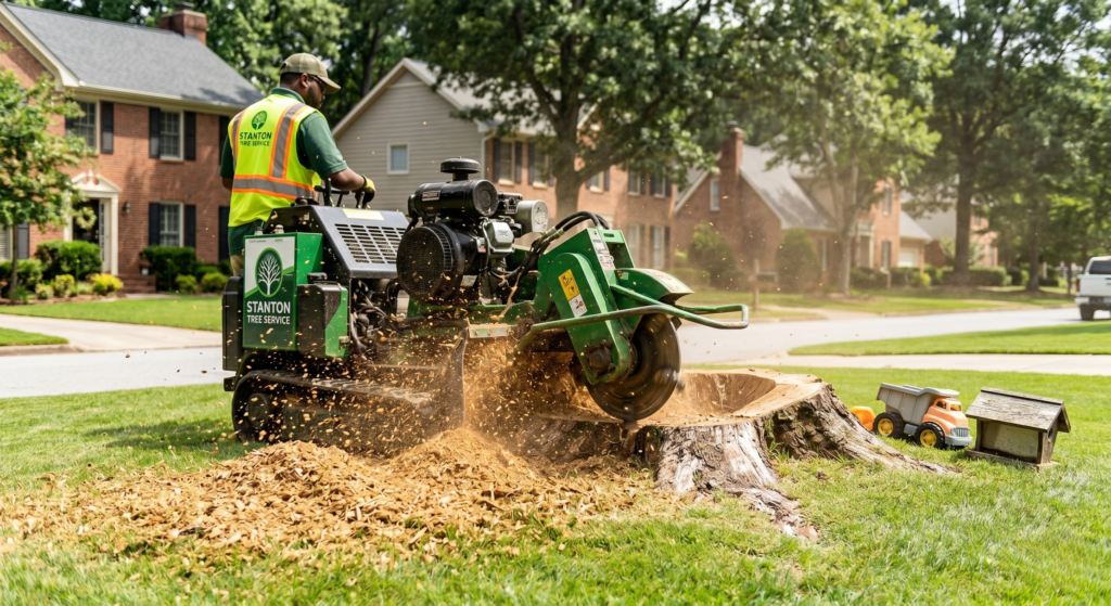 Close up of stump grinding machine processing wood chips